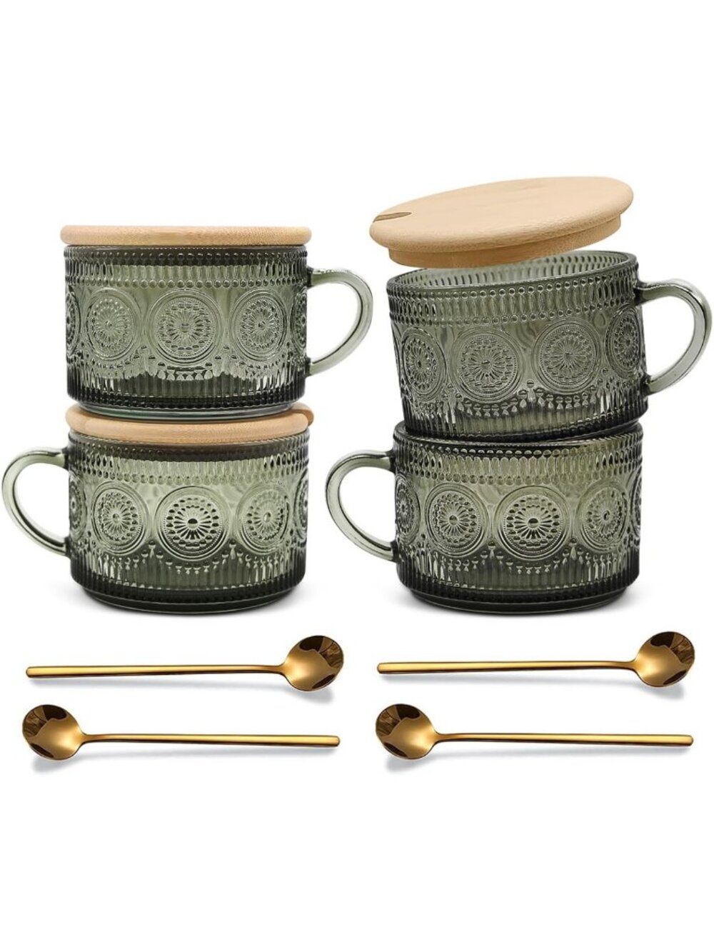 Set of 4 Vintage Green Coffee Mugs, 14 Oz Glass Tea Cups with Bamboo Lids